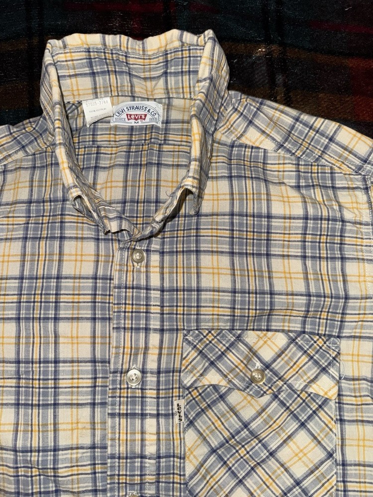VTG 70s Levi's Western Button Down Shirt Plaid Men's M Made in USA White Tab