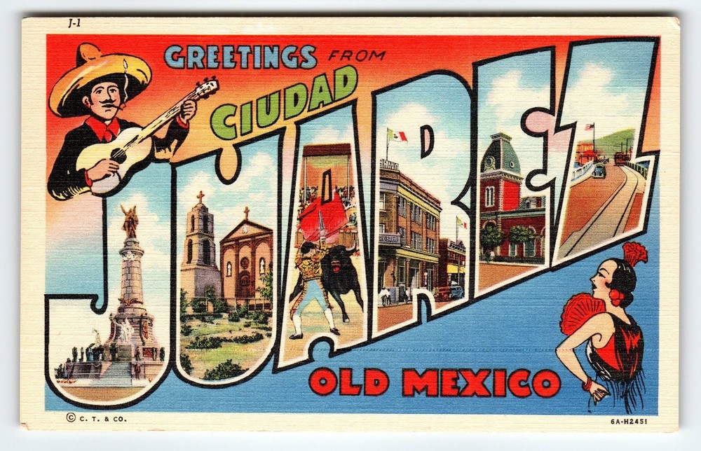 Vintage Greetings from Ciudad Juarez Old Mexico Large Letter Linen Postcard