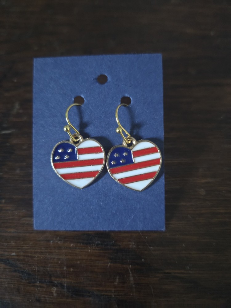 Patriotic American Flag Heart Dangle Earrings - Red, White & Blue Enamel