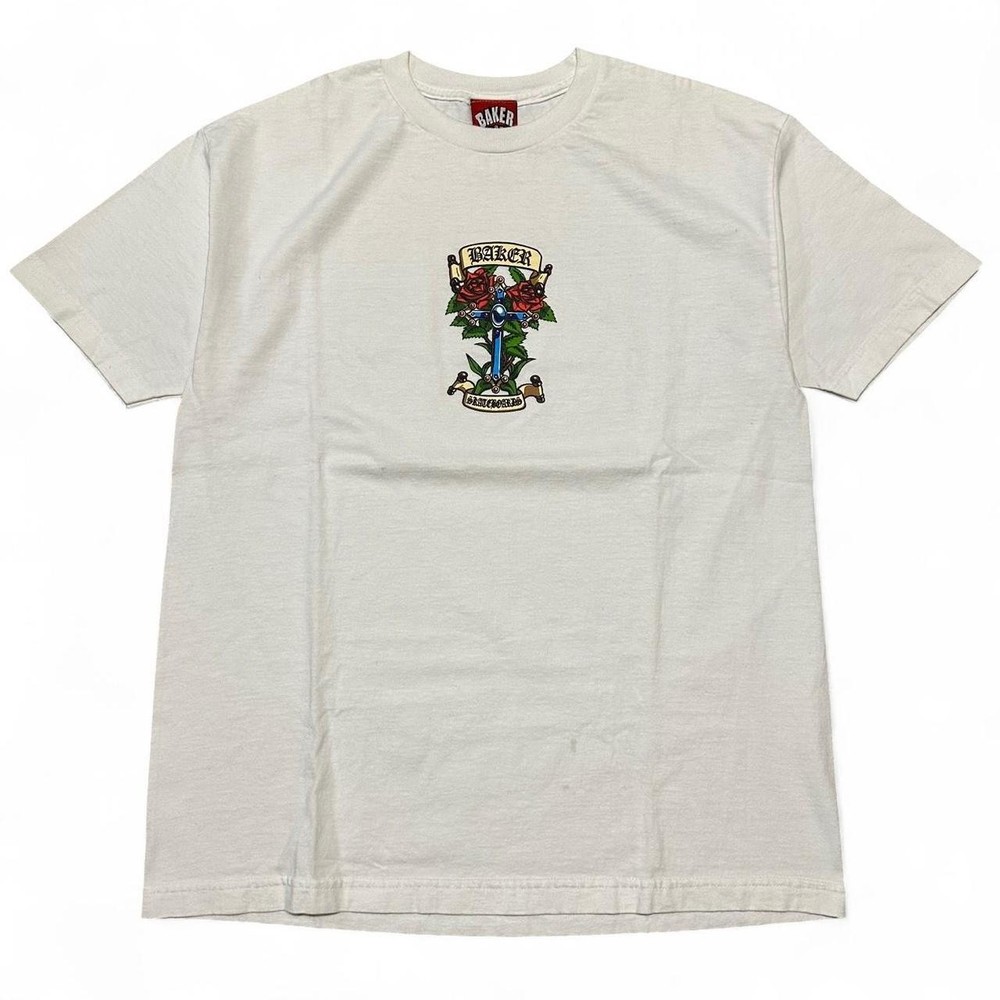 VTG Eric Ellington Baker skateboards cross and roses center graphic white tee