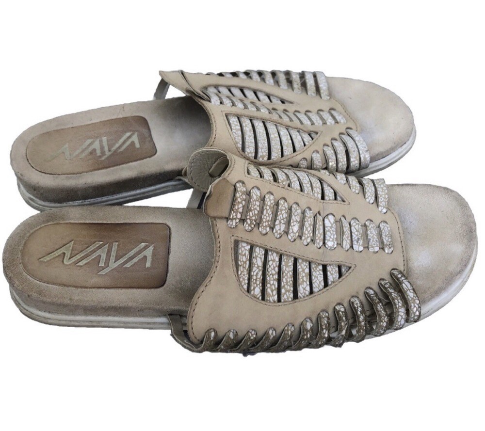Naya Anthropologie Beige Leather Slides with Silver Accents Size 9W