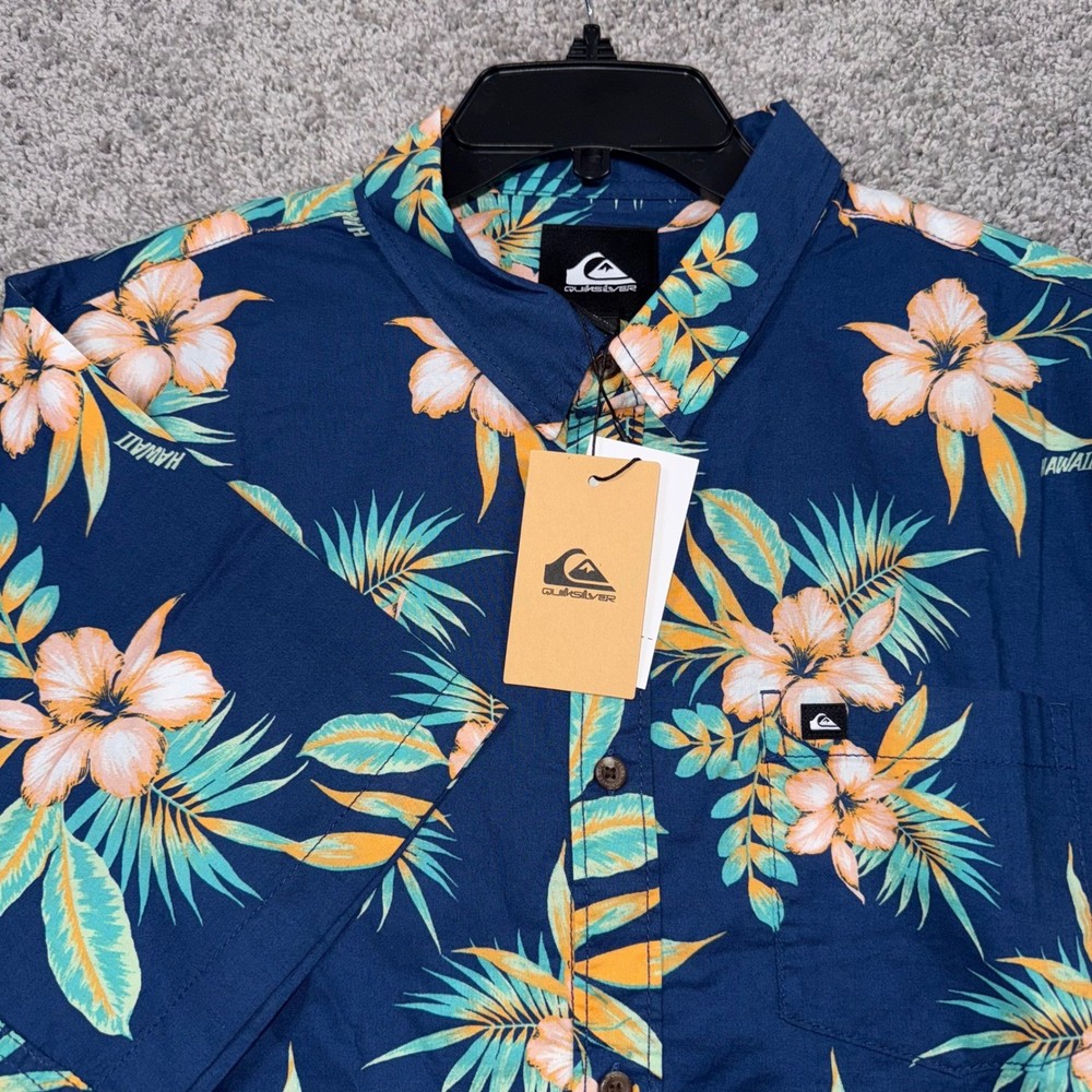 Quiksilver Hawaiian Button Up Shirt Mens Large Tropical Floral Navy Blue NEW