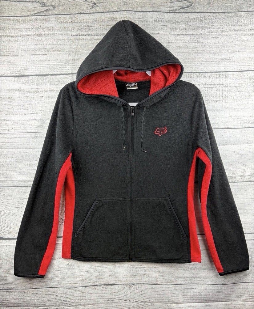 Fox  Black Red Fleece Full Zip Hooded Jacket with Pockets Women’s Size L