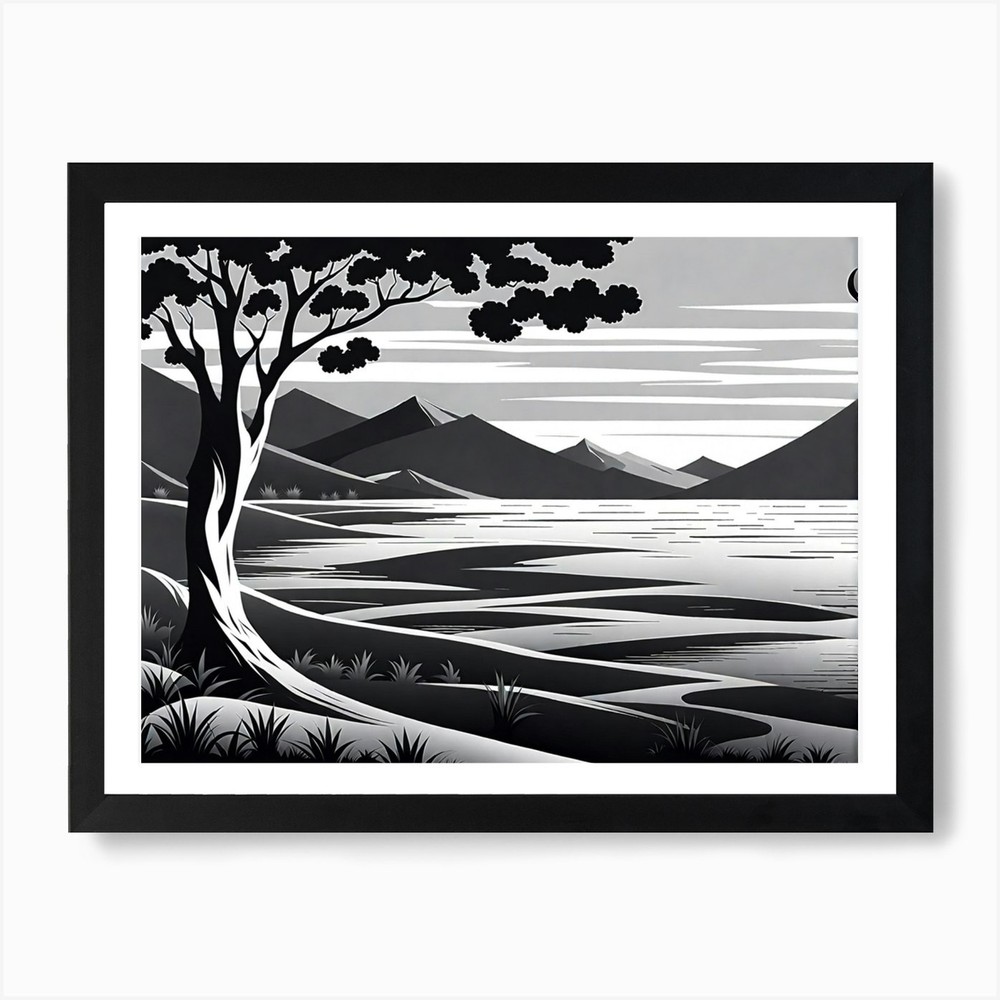 Landscape With Tree, monochromatic  Framed Wall Art Poster Canvas Print Picture