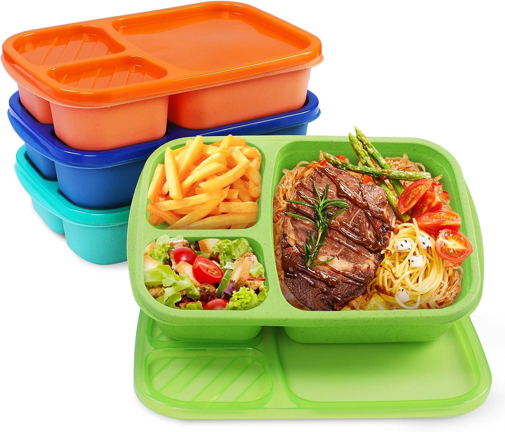 4 Pack Bento Lunch Box Set 3 Compartment Wheat Straw Meal Prep Food Storage Cont