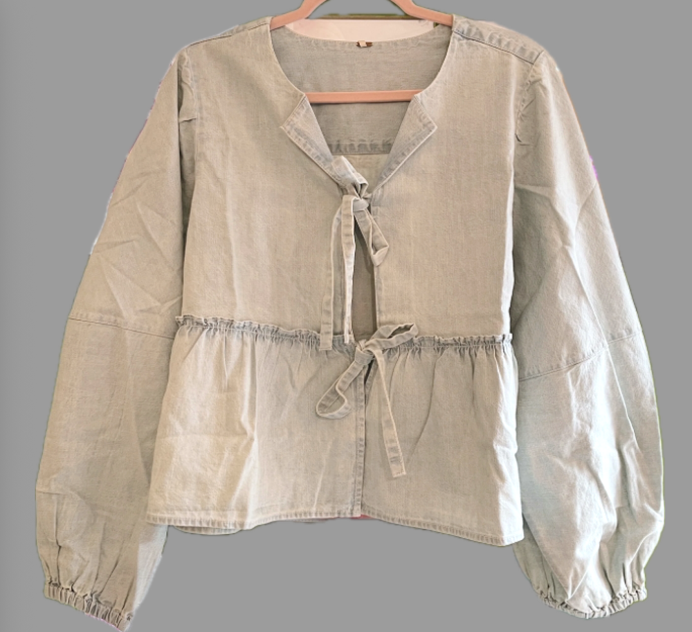 FREE PEOPLE Brunch Babe Chambray Top TIE FRONT Tiered Peplum LIGHT TINT Denim S