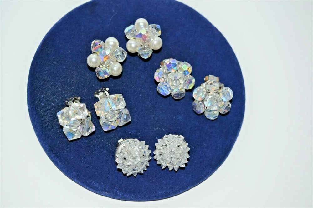 Four Pair Crystal Aurora Borealis Beaded Clip Earrings  