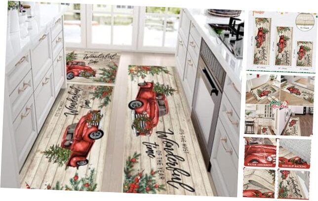 Christmas Kitchen Rugs Sets of 3, Christmas Tree Truck Kitchen Floor Mats,