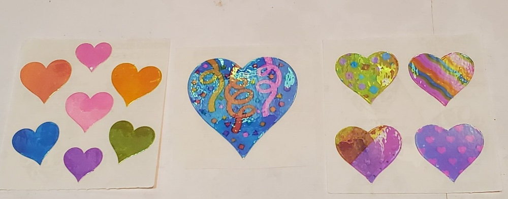 RARE Sandylion sticker 3 mod Mother of PEARL Colorful Hearts 1½” & ¾”