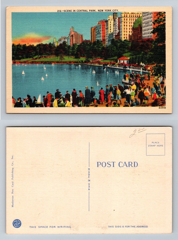 New York City NY, Central Park Scene Sailboats and Skyline Vintage Postcard
