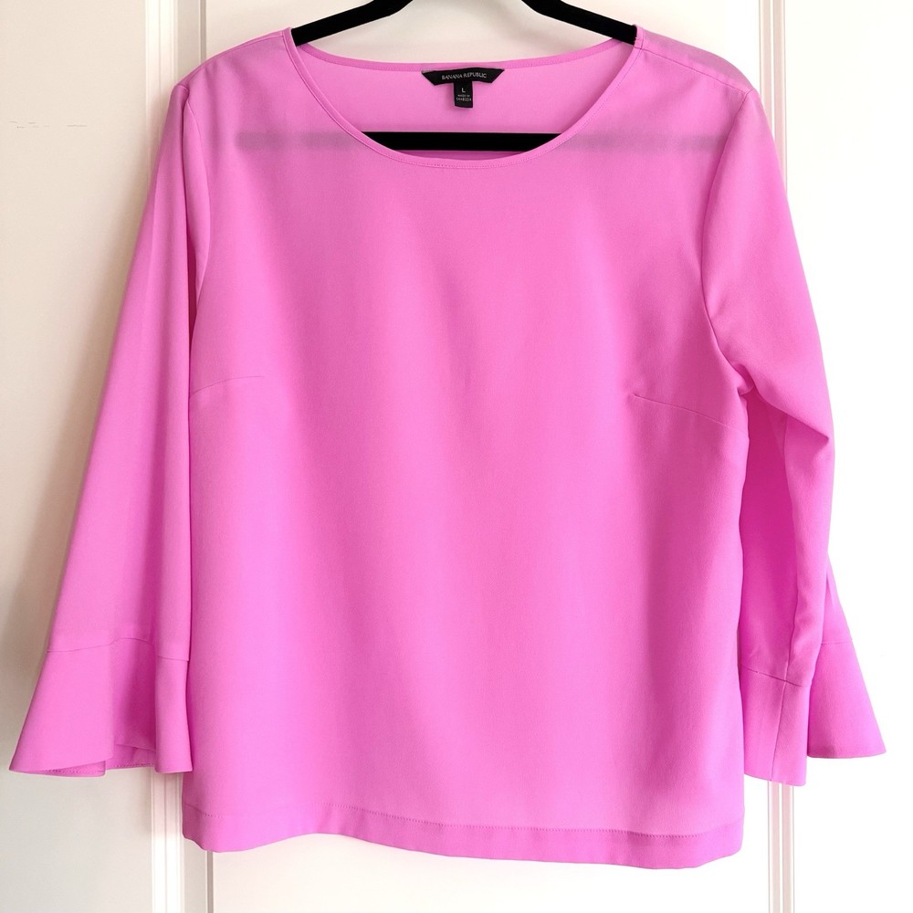Banana Republic L Blouse Top 3/4 Sleeve hot pink ruffle flutter
