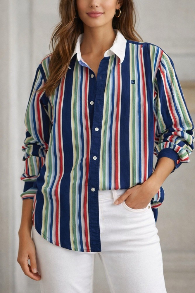 Vintage Chaps Shirt  Women Sz XL 90’s Multicolor Striped Button Up Blouse