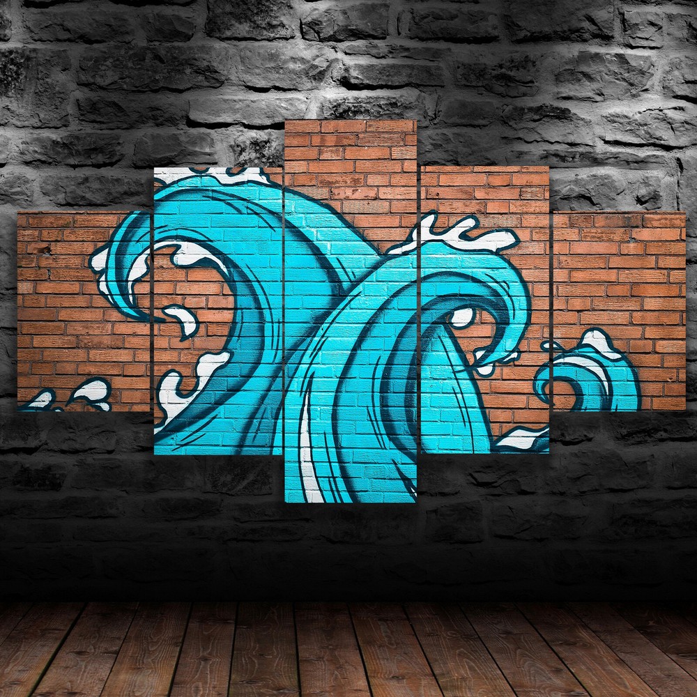 5 Piece Canvas Wall Art Wave Graffiti Abstract Sea Beauty Colourful Home Decor-image