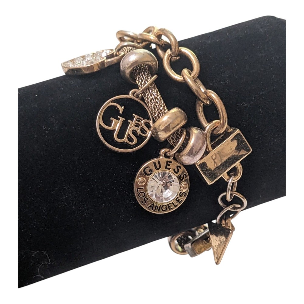 Guess Charm Bracelet Gold Tone Chain Rhinestone Accents Fashion Jewelry