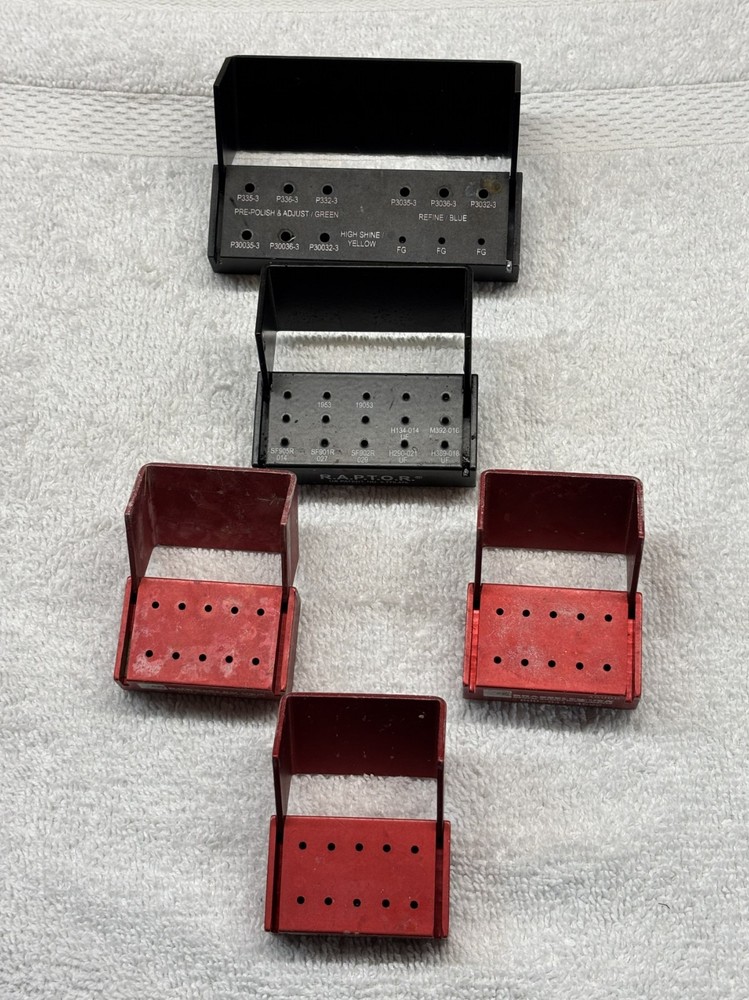 Lot of 5 Dental Bur Blocks / Bur Holders — Red & Black Aluminum Autoclavable Sta