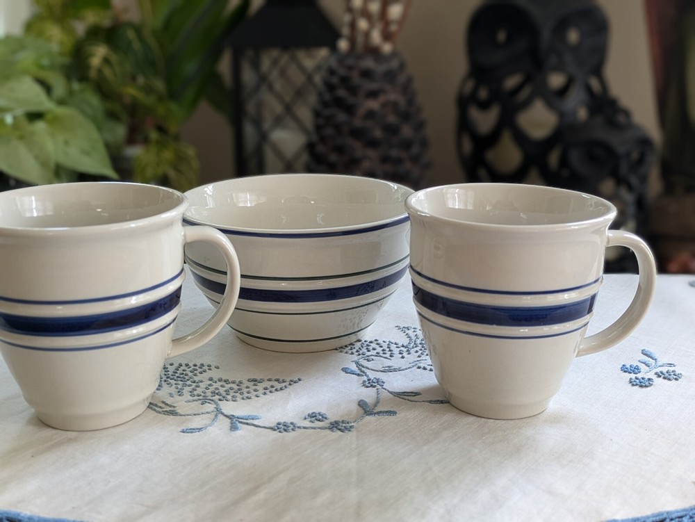Lot Of 3 Tienshan Country Crock 2 Mugs + 1 Soup Cereal Bowl Blue Line