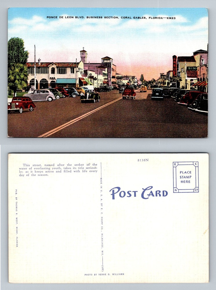 Coral Gables, FL-Florida, Ponce De Leon Blvd Business Section Vintage Postcard