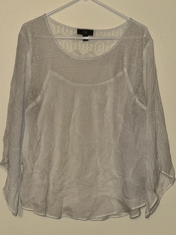 AGB White Rayon Polyester Lace Pullover Blouse 3/4 Flared Sleeve Plus 1X
