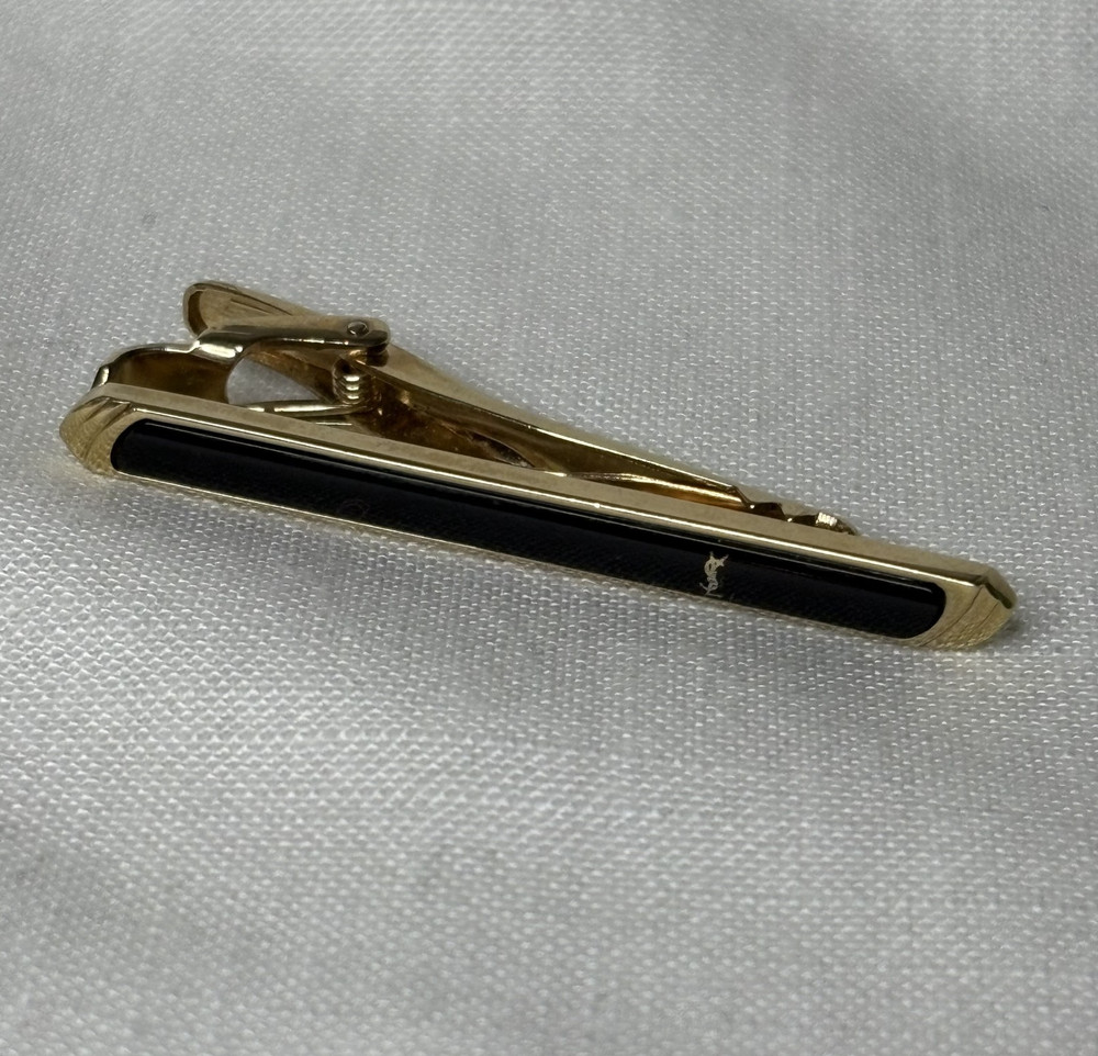 YVES SAINT LAURENT Vintage Tie Clip YSL Logo Black Enamel Gold Tone