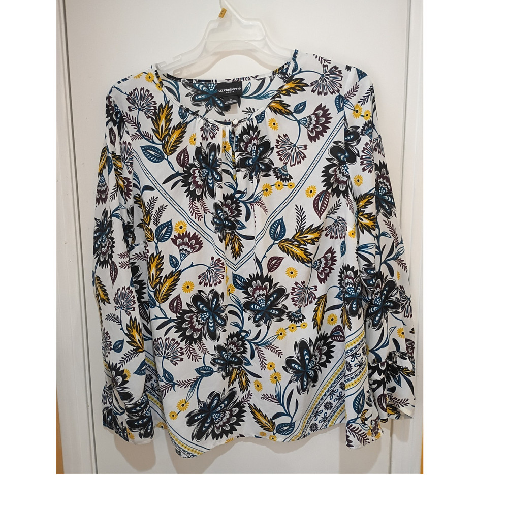Liz Claiborne Women's Floral Long Sleeve Blouse 1X White Blue Button