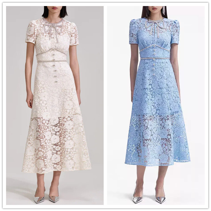 Self-Portrait Women's Blue Lace A-line Dress Short Sleeve Midi Dress for Ladies