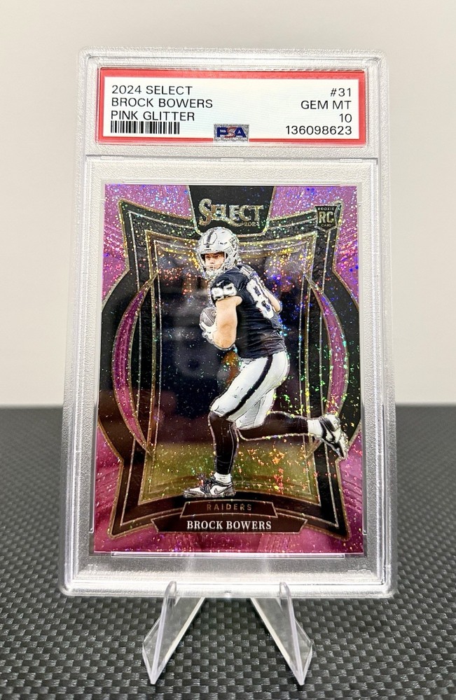 💎2024 Panini Select Concourse Brock Bowers #31 Pink Glitter Prizm /15 PSA 10💎
