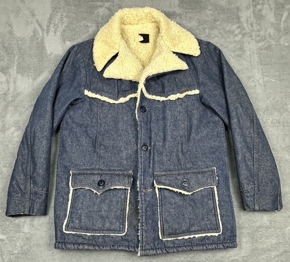 VTG Sears Roebucks Denim Jacket Mens 44-T Blue Sherpa Lined Barn Chore READ