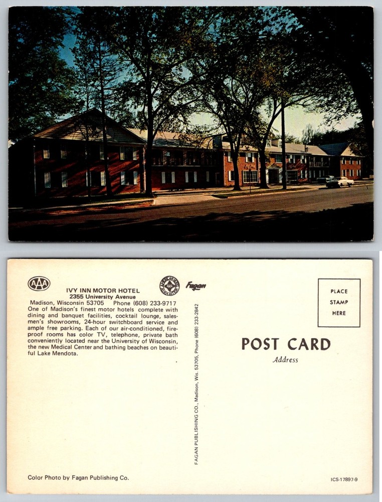 Ivy Inn Motor Hotel Madison WI Vintage Postcard University Ave 1960s Chrome