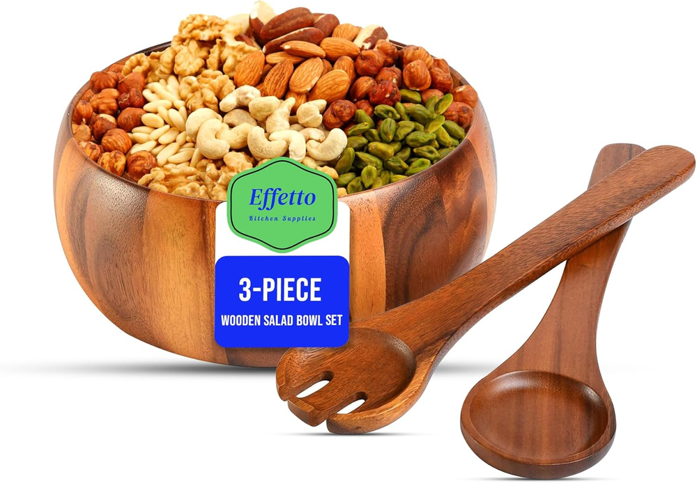 Acacia 3-Piece Wooden Salad Bowl Set | Large Serving Bowl with Salad Spoon and F-image