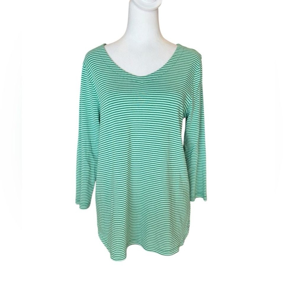 J Jill Pima 3/4 Sleeve V Neck Tee Green White Striped Womens Size Medium
