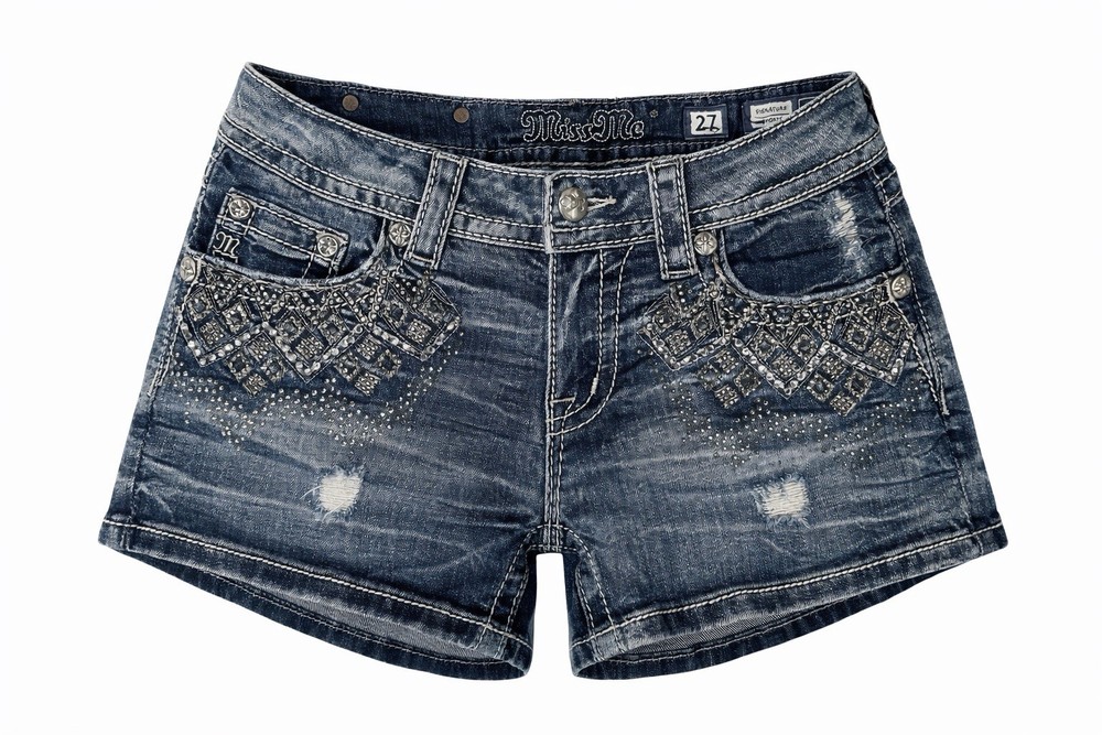 Miss Me Embroidered Studded Cut-Off Denim Shorts Blue Size 27 JE8087H