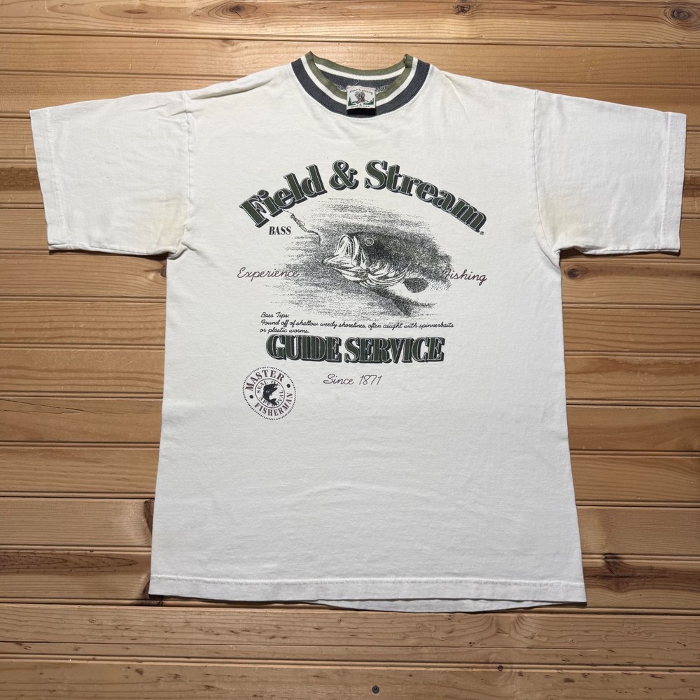 Vintage 90s Bass Field & Stream Fishing Guide Service Nature T-Shirt USA - Large