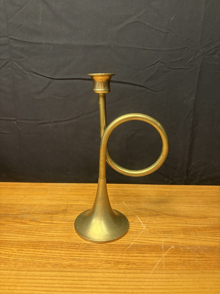 Vintage Solid Brass French Horn Candlestick Holder