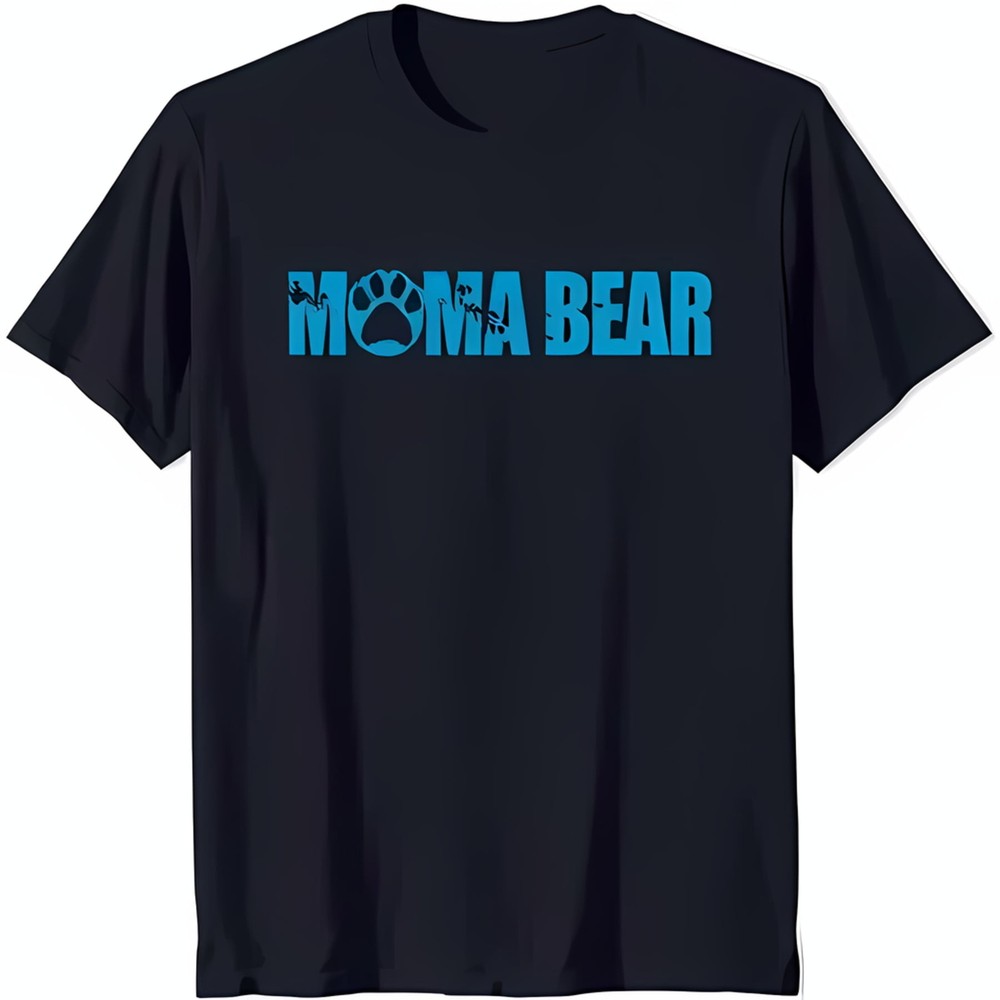 Black T-Shirt with Bold 'MOMA BEAR' Text and Blue Print Design