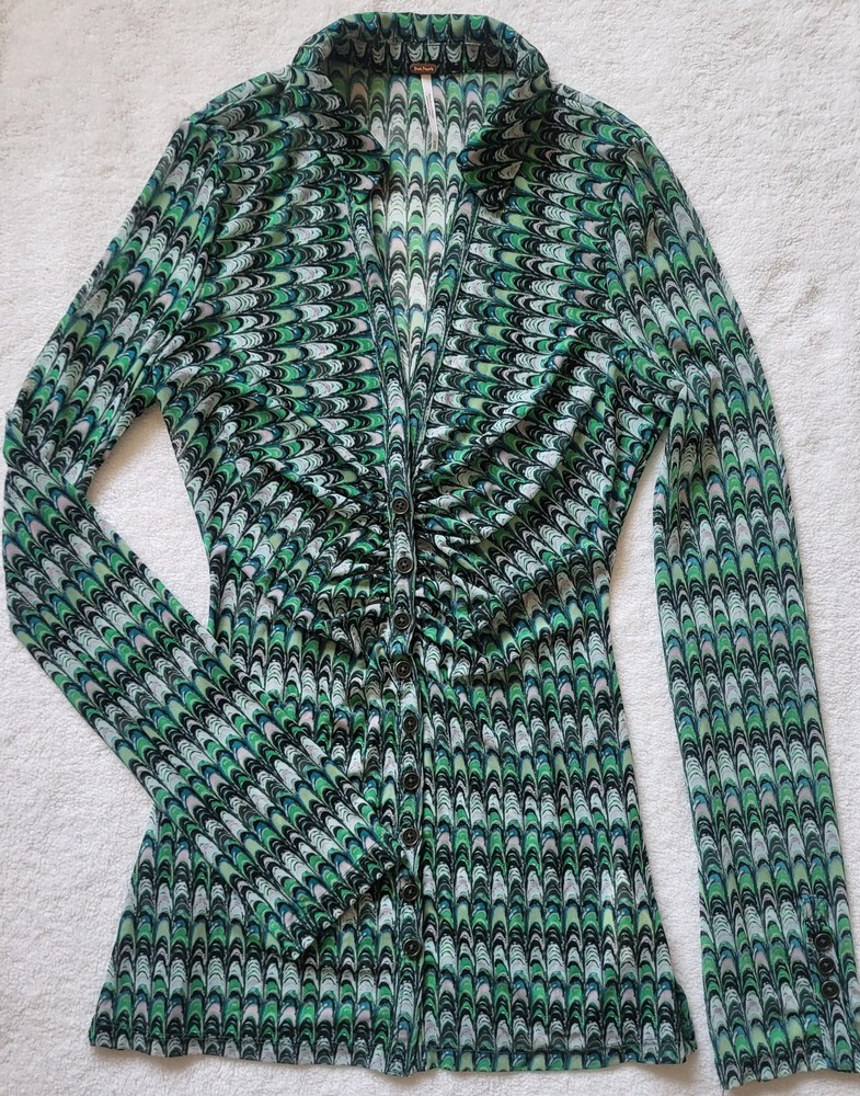 Free People Green Plaid Sheer Mesh Top Fairy Lucky Shirtee Women's Size XS Boho