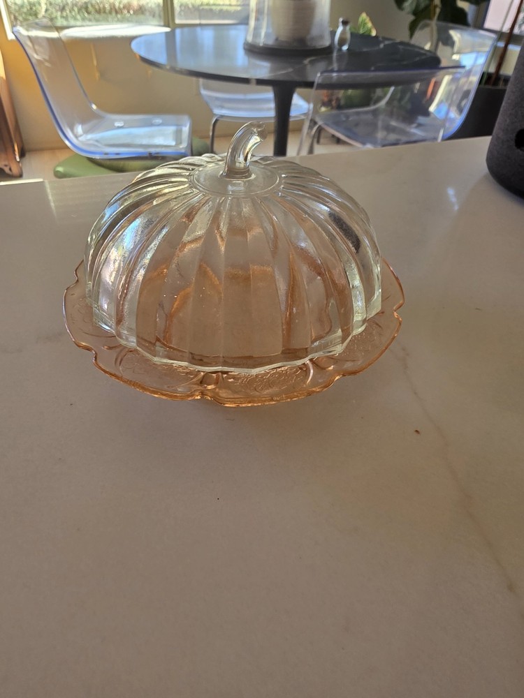 Cherry Blossom Pink Depression Glass Covered Butter Dish Reproduction- Top Clear