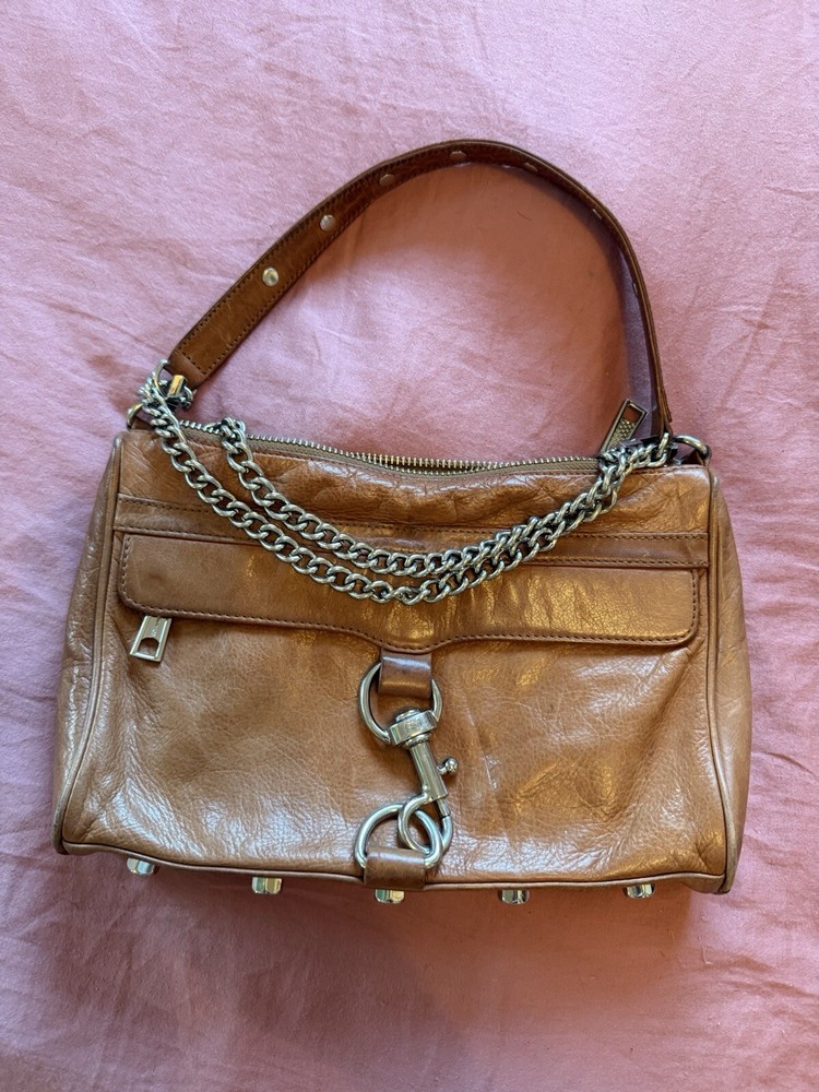 Rebecca Minkoff Brown Leather Motto Bag with Chain and Stud Details