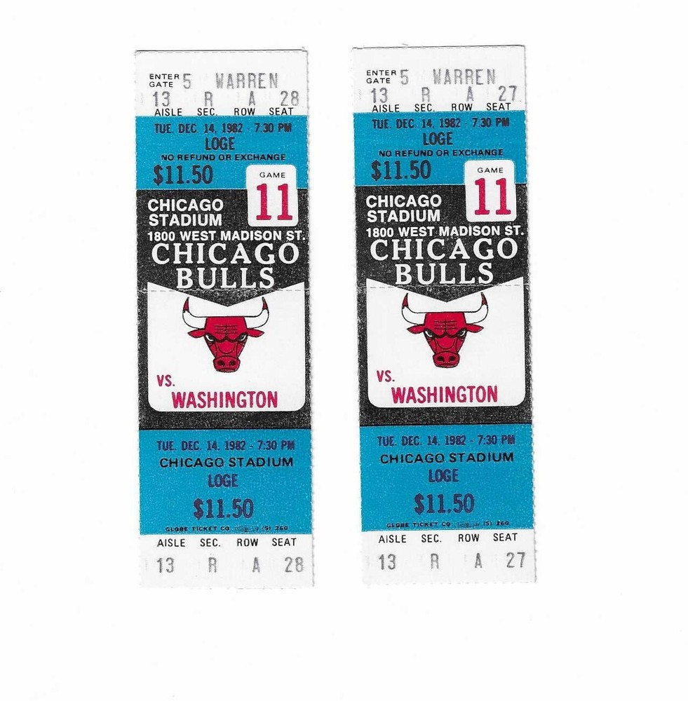 Chicago Bulls vs Washington Bullets Unused Basketball Tickets From 12/14/1982