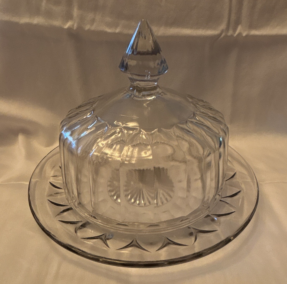 Vintage Pressed Glass Covered Butter Dish w/ Dome Lid/Tray, Round Starburst