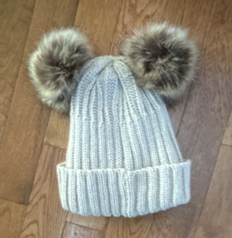 Girls Beige Knit Beanie Hat Double Faux Fur Pom Pom Ears Lined One Size