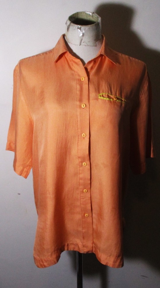 TOBRIA Orange 100% Silk Short Sleeve Blouse Size 8