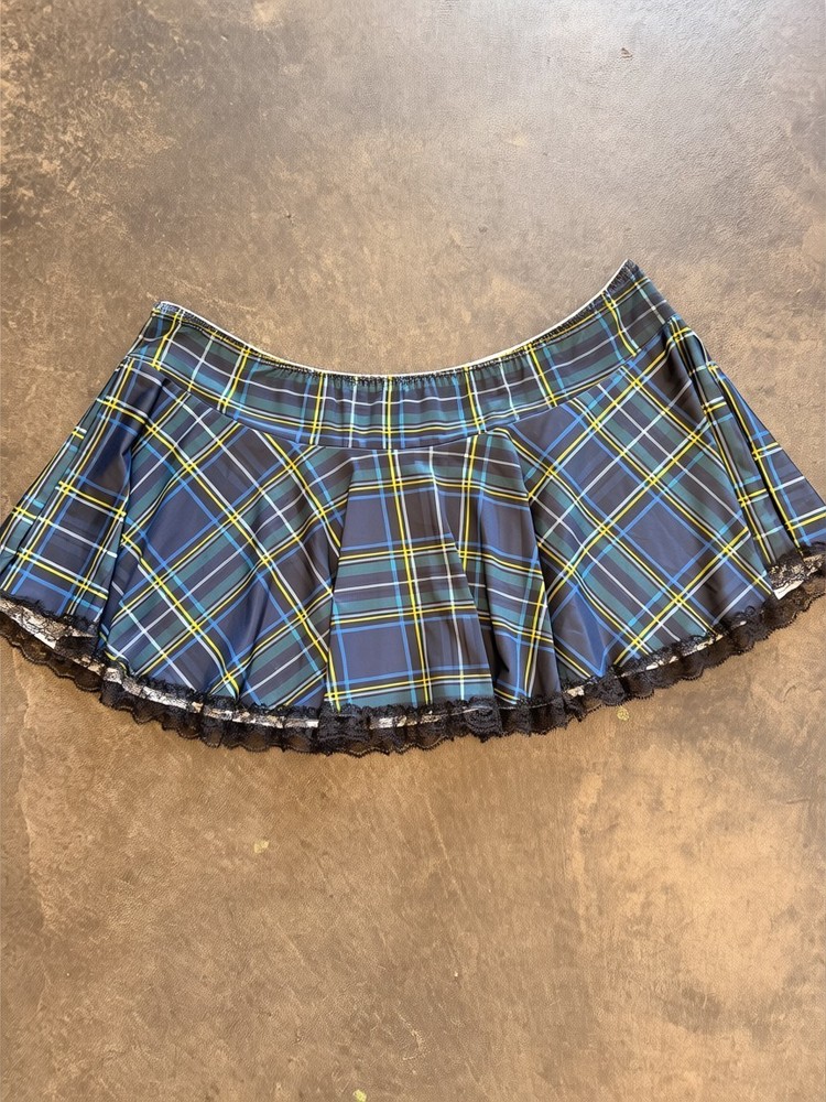 Y2K Plaid Mini Skirt Lace Trim Pleated Schoolgirl Cosplay Stretch Waist