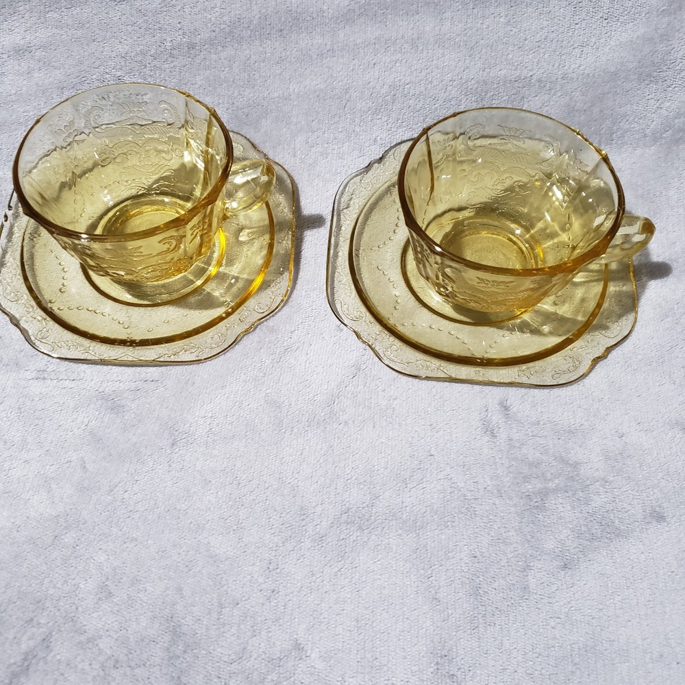 2 Sets Madrid Pattern Depression Glass Amber Cup & Saucer 1930's Federal Glass