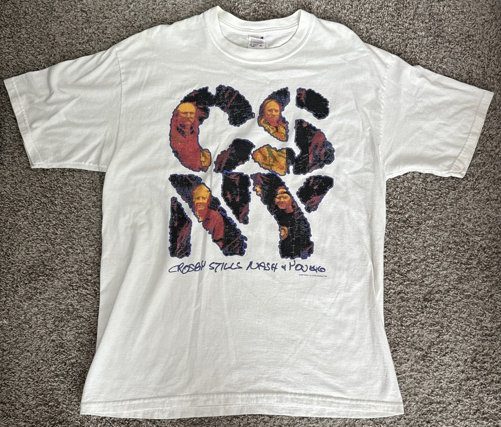 Vintage Crosby Stills Nash Young 2000 Reunion Tour White Concert Shirt Mens Xl