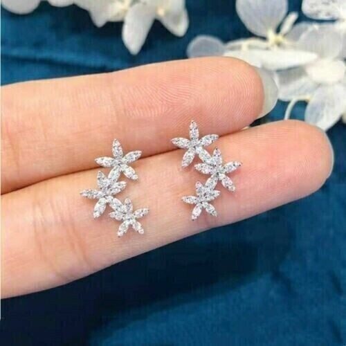 2Ct Round Cut Simulated Diamond Flower Women's Earring In 14k White Gold Plated