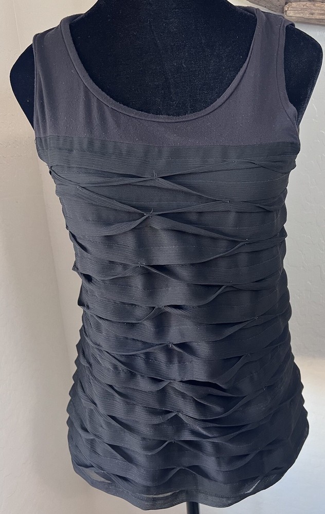 Ann Taylor Ruffled Black Tank  Sleeveless Blouse PS