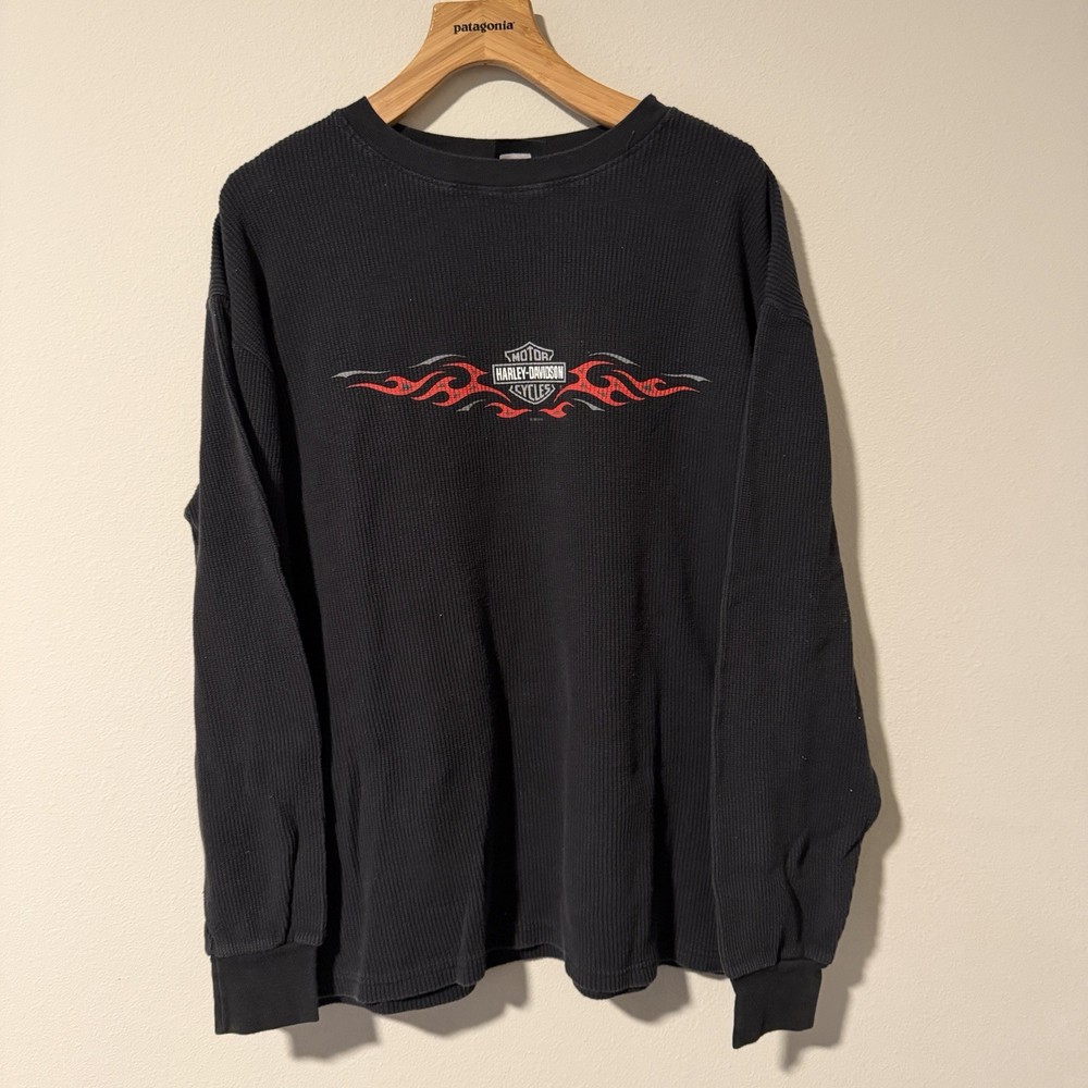 Vtg 90s Harley Davidson  Long Sleeve Thermal Flame Graphic Sleeve USA Large