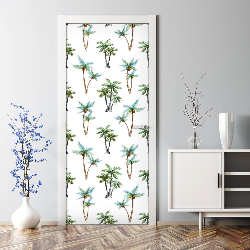 Tropical Palm Bubble-Free Self-Adhesive White Door Sticker Peel & Stick Mural  