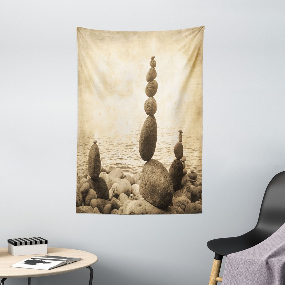 Beach Tapestry Zen Rocks Calm Sepia Art Print Wall Hanging Decor