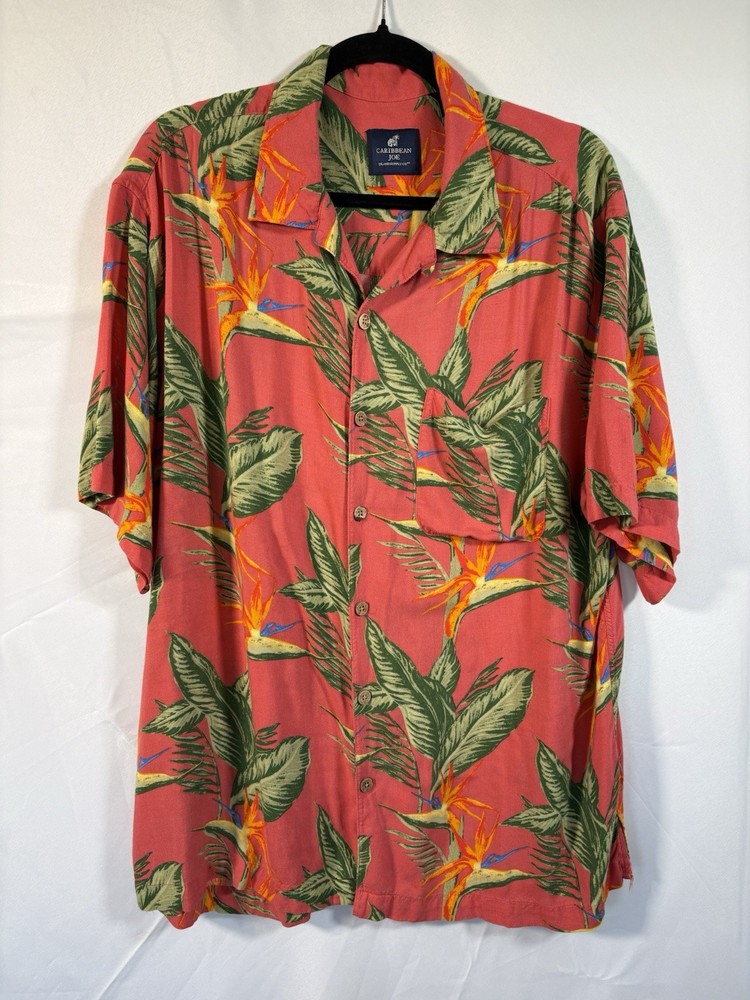 Caribbean Joe Shirt Size L Tropical Hawaiian Short Sleeve Button Up